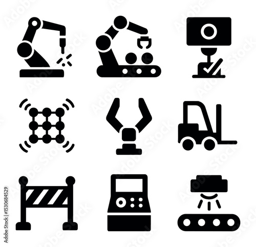 Industrial Robotics Icons. Solid, filled icons set of industrial robotic systems: robotic welder, assembly