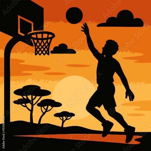 Silhouette of boy playing basketball at sunset in savanna scene