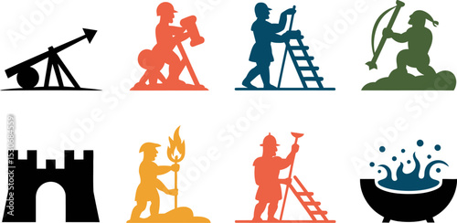 Medieval siege warfare icons set vector illustration for games and historical designs elements art editable stock vector illustration