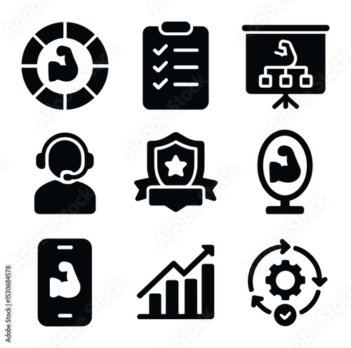 Resilience Tools Icons. Solid, filled icons set of resilience training tools: resilience wheel, coping