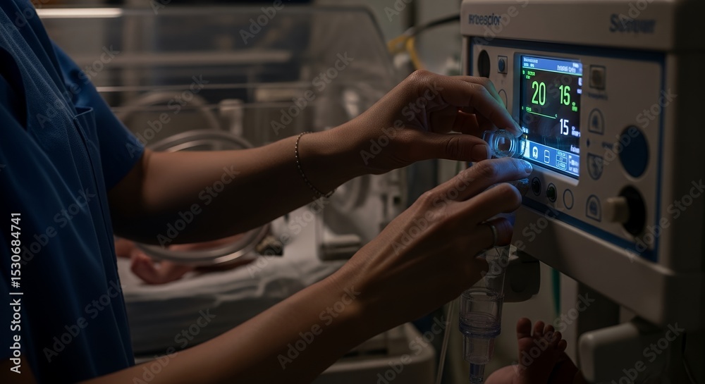 Naklejka premium Neonatal Nurse Adjusting Medical Equipment in Low Light