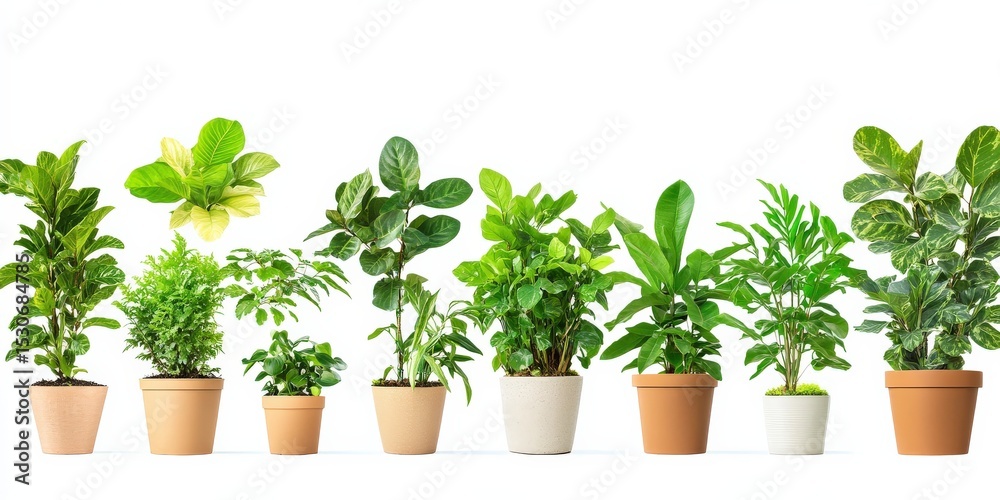Fototapeta premium Row of potted green plants against a white background. Variety of foliage textures and shapes, in terracotta and white pots. Lush and healthy looking.