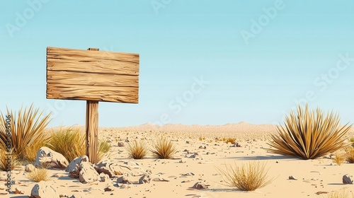Cactusshaped signboard in desert, empty middle, flat design illustration
