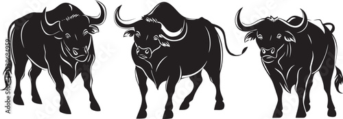 Black and white vector silhouette illustration of  wild farm or fighting bull animal with big horns