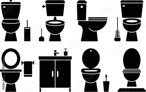 Bathroom fixtures icons set black silhouette vector illustration toilet sink and accessories elements design editable stock vector illustration