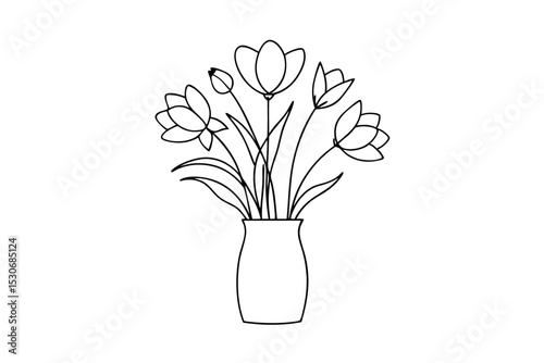Continuous line art drawing of flowers in a vase isolated on transparent background