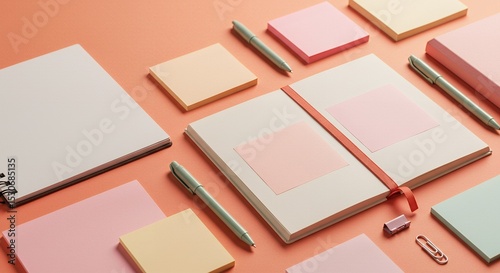 Pastel Stationery Flatlay: Notebook, Pens, and Sticky Notes on Coral