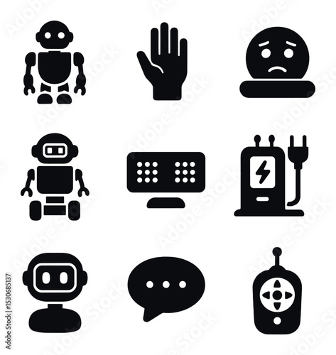 Personal Robot Icons. Solid, filled icons set of personal robotic companions: humanoid robot, gesture control,
