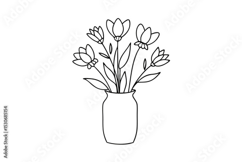 Continuous line art drawing of flowers in a vase isolated on transparent background