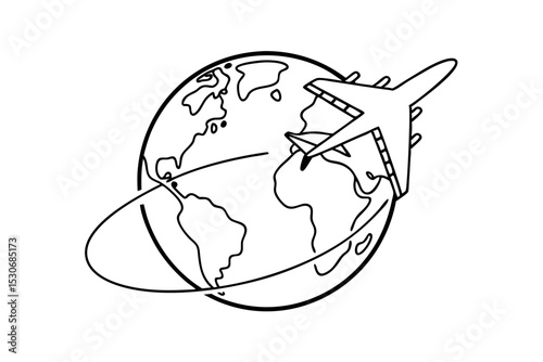 Global flight path airplane circling earth globe design isolated on transparent background
