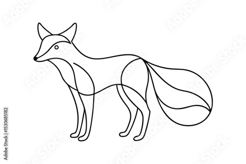 Single line fox drawing continuous outline animal illustration isolated on transparent background
