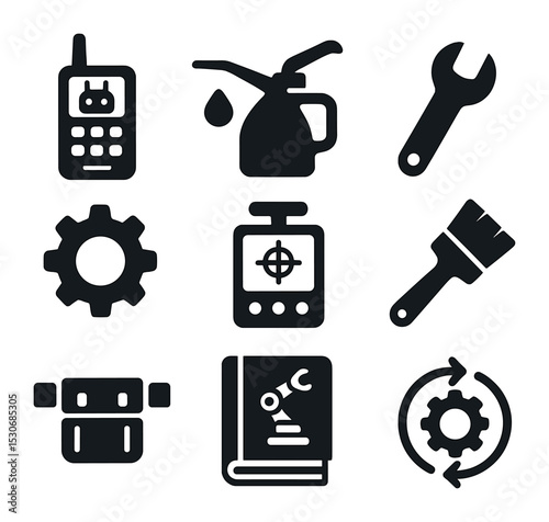 Robotic Tools Icons. Solid, filled icons set of robotic maintenance tools: diagnostic scanner, oil can, wrench