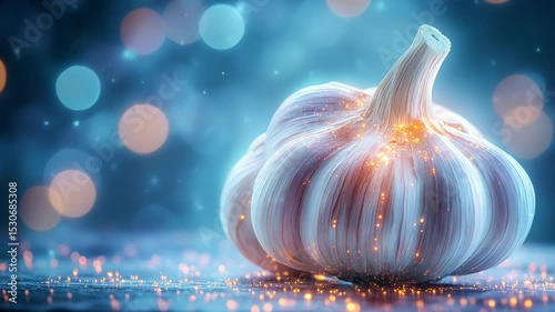 Detailed conceptual illustration of energetic garlic natural remedy boosting immunity and health