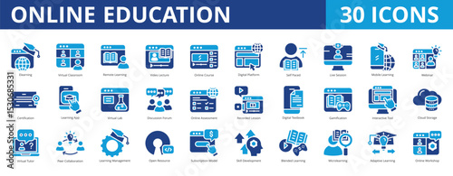 Online education icon pack dual tone collection set for learning and knowledge