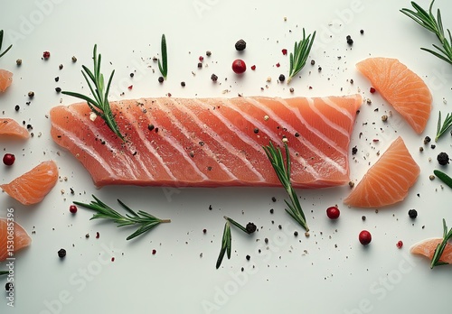 Overhead shot of salmon fillet seasoned with salt, peppercorns, and rosemary sprigs, garnished with grapefruit segments on a white background.