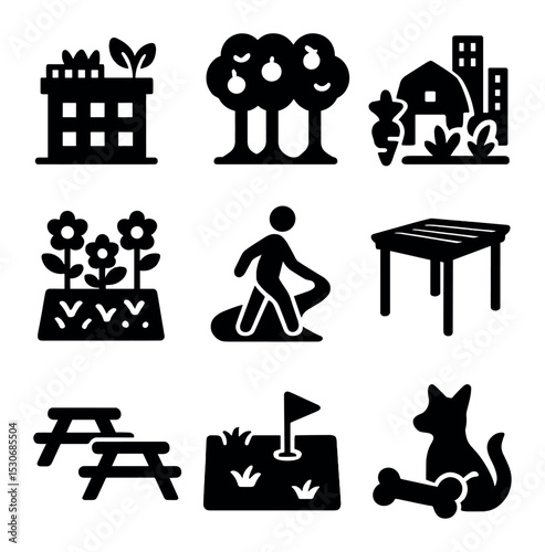 Mixed-Use Green Icon Set. Solid, filled icons set of mixed-use green spaces: rooftop garden, community orchard