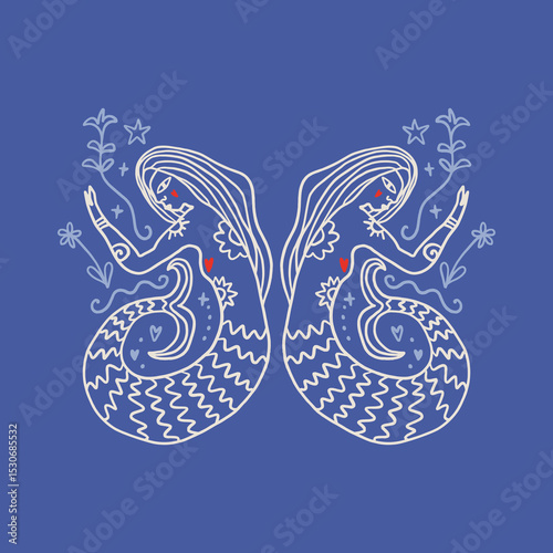 Melusine mermaid undine in blue greek Santorini island palette, seamaiden illustration, graphic design elements for surf or spa and yoga studio. Vector water nymph illustration clipart. Wellness