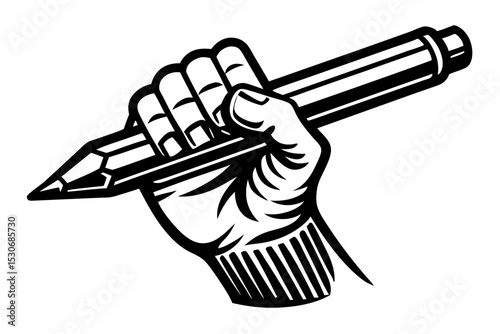 Line art illustration of a hand gently holding a pencil isolated on transparent background