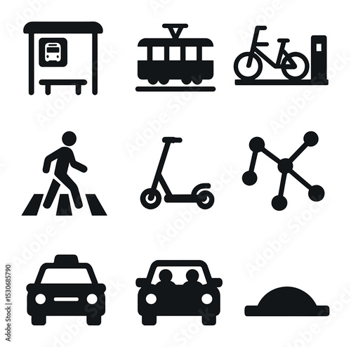 Transportation Icon Grid. Solid, filled icons set of transportation and connectivity: bus stop shelter, tram