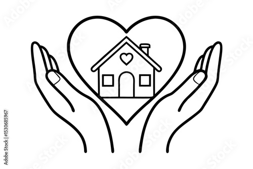 Continuous line drawing of hands holding a heart with a house inside isolated on transparent background