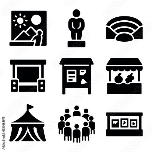 Urban Space Icons. Solid, filled icons set of social and cultural urban spaces: public mural, sculpture,