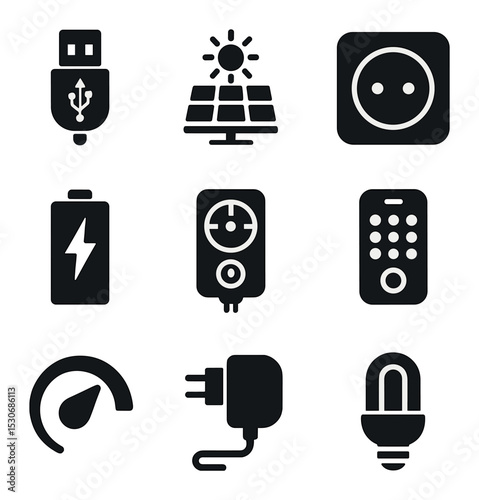 Fairy Light Power Icons. Solid, filled icons set of fairy light power sources: USB plug, solar charger,