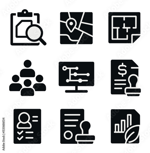 Urban Planning Tools. Solid, filled icons set of urban regeneration planning tools: site survey, zoning map,