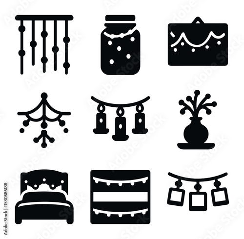 Indoor Fairy Light Icons. Solid, filled icons set of indoor fairy light setups: curtain lights, mason jar