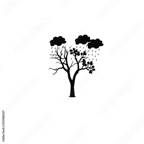 a tree with a thunderstorm approaching silhouette on white background