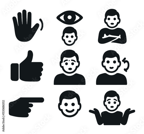 Non-Verbal Cue Icons. Solid, filled icons set of non-verbal cues: hand wave, eye contact, crossed arms, thumbs