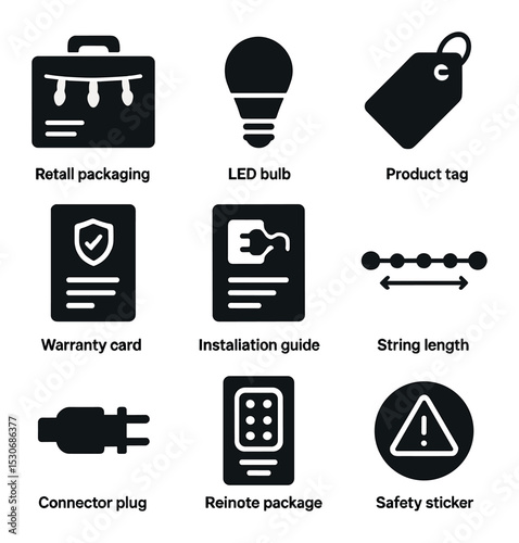 Fairy Light Icon Set. Solid, filled icons set of commercial fairy light products: retail packaging, LED bulb,
