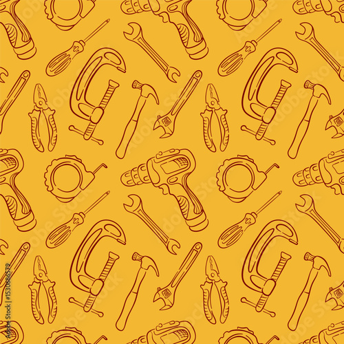 Seamless pattern with line art style tools, drill, hammer, pliers wrench and screwdriver on yellow background. Perfect for construction repair site, hardware store, market and industrial design.