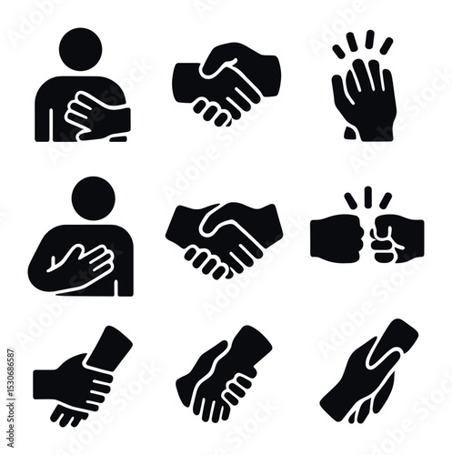 Tactile Gesture Icons. Solid, filled icons set of touch and tactile signals: pat on back, hand squeeze, high