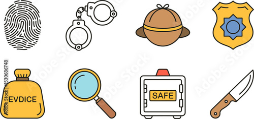 Crime scene investigation elements vector illustration fingerprint evidence detective tools icons set editable stock vector illustration