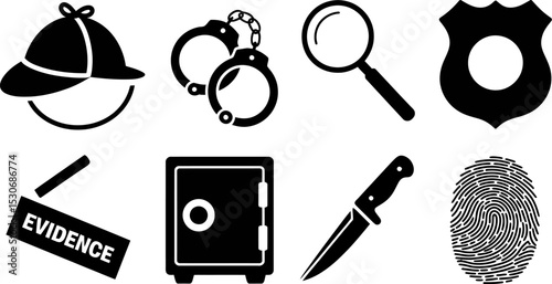 Detective investigation crime scene elements vector illustration icon set silhouette graphic design 100 editable stock vector illustration