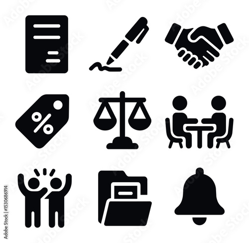 Deal Negotiation Icons Set. Solid, filled icons set of negotiation and closing deals: contract paper, pen