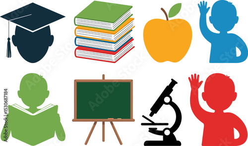 Education learning school study knowledge student teacher books apple microscope chalkboard icons vector editable stock vector illustration