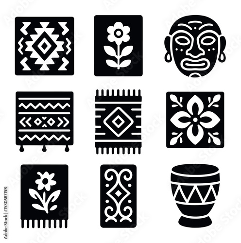Cultural Handicraft Icons. Solid, filled icons set of cultural handicraft motifs: tribal pattern, folk art