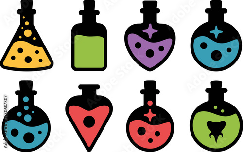 Potion bottles vector illustration set of colorful magic elixir isolated on white background design element editable stock vector illustration