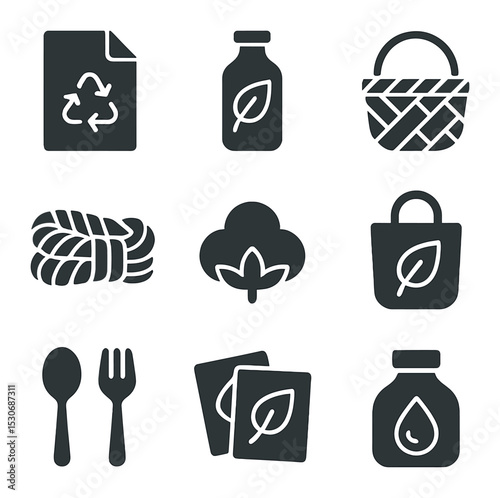 Eco Crafts Icons. Solid, filled icons set of eco-friendly crafts: recycled paper, natural dye, bamboo basket,
