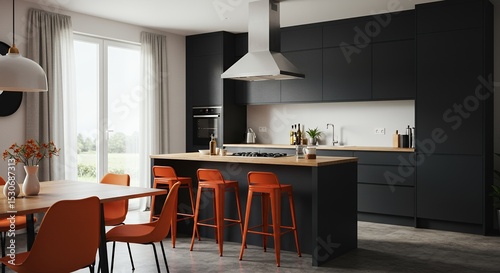 Modern Kitchen Design with Orange Accents and Dark Cabinets