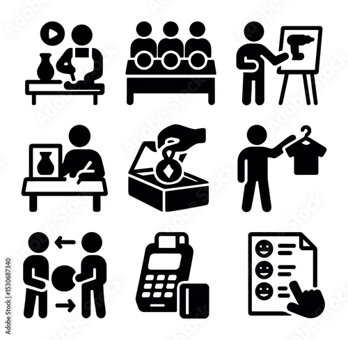 Craft Fair Icon Set. Solid, filled icons set of craft fair activities: live demonstration, craft workshop,