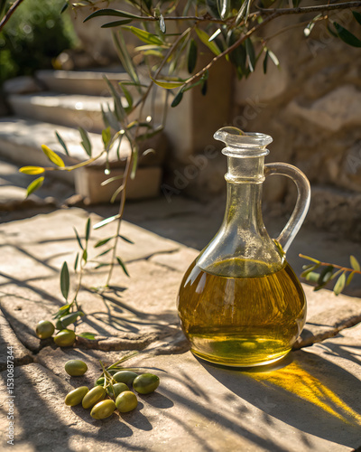 A clear glass jug filled with golden olive oil stands on a stone surface