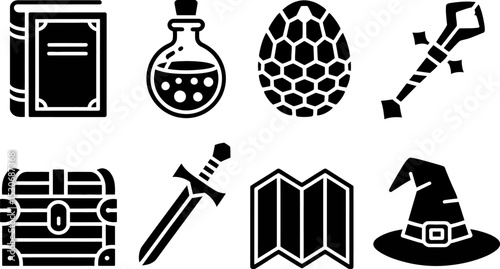 Vector rpg game assets icons set book potion dragon egg staff chest sword map wizard hat illustration editable stock vector illustration