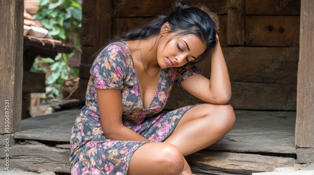 Fototapeta premium Young woman sitting outdoors on wooden steps, appearing thoughtful and relaxed