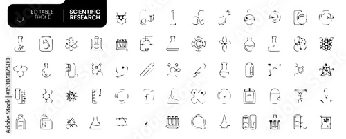 Editable stroke icon set illustrating scientific research and laboratory concepts, featuring clean black line symbols including lab equipment, DNA, molecules, and test tubes on a white background.