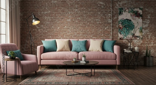Pink Sofa in Industrial Loft Living Room with Teal Accents