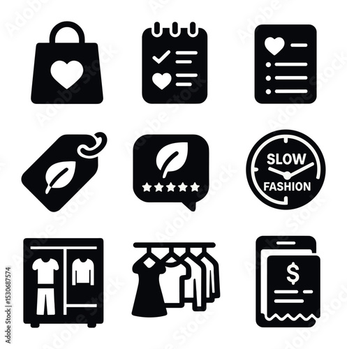 Sustainable Fashion Icons. Solid, filled icons set of sustainable fashion consumer habits: mindful shopping