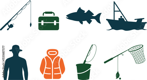 Fishing equipment and gear vector illustration for recreational fishing and outdoor activities design needs editable stock vector illustration