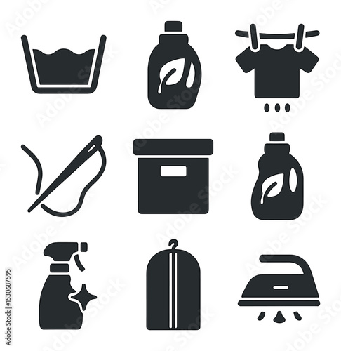 Sustainable Fashion Icons. Solid, filled icons set of sustainable fashion care: cold wash symbol, natural